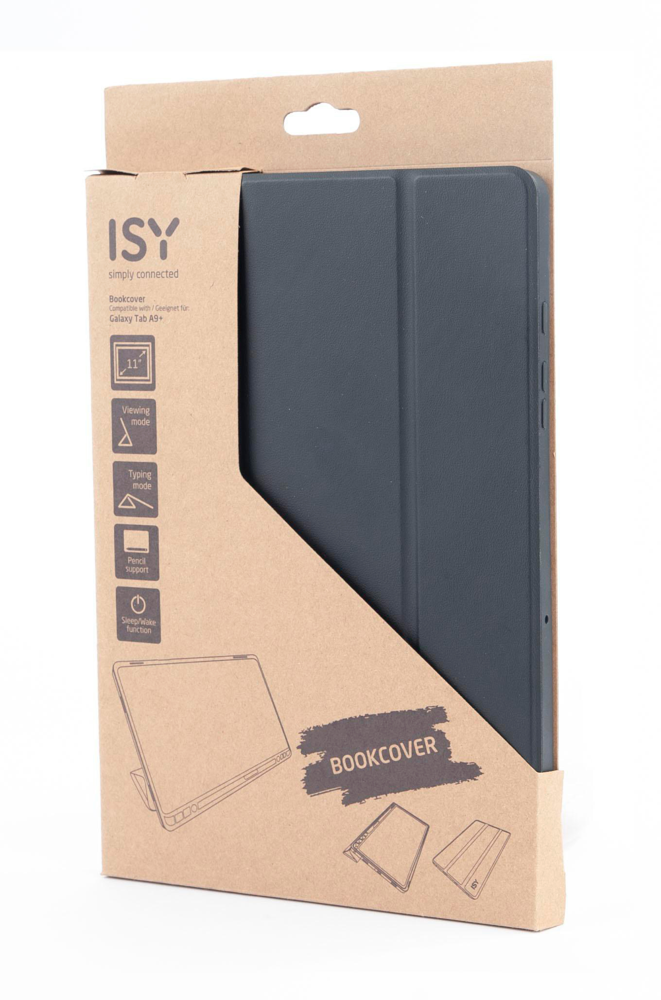 Eine Tablet-Hülle in der Verpackung. Die Hülle ist dunkelgrau und hat eine schwarze Abdeckung.