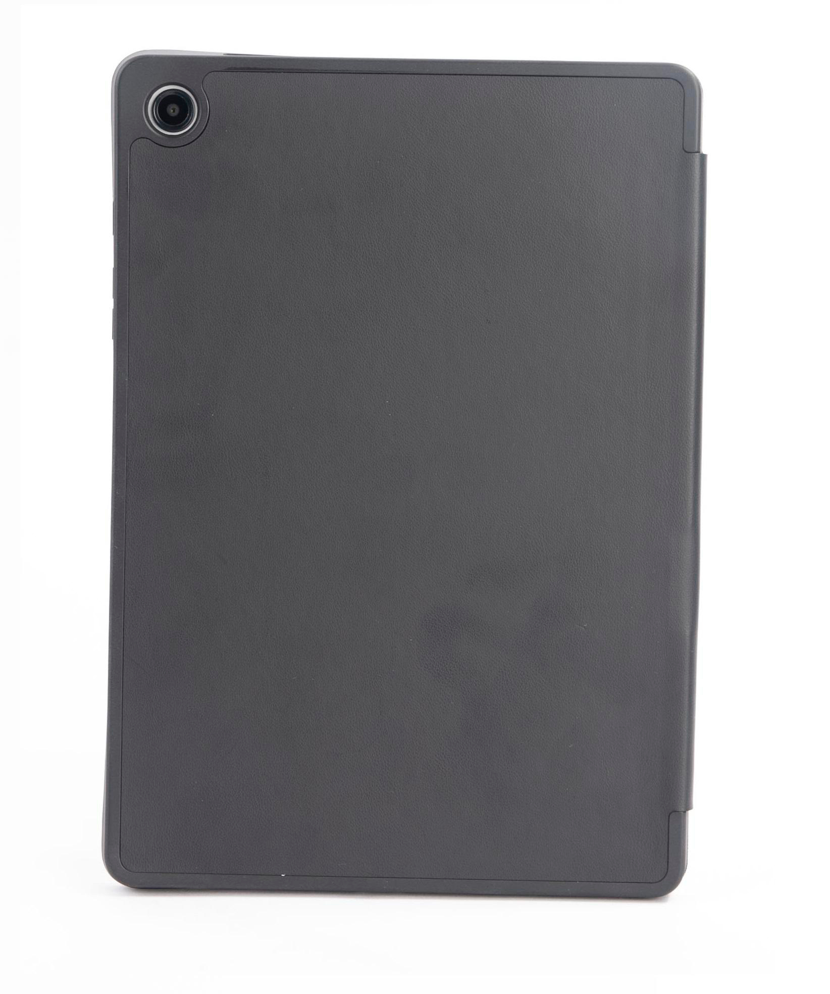 Ein schwarzes Tablet, von hinten gesehen, mit einer Kamera und einer Hülle. Weißer Hintergrund.