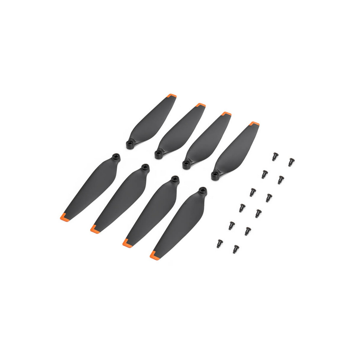 Set drone propellers met oranje uiteinden en kleine schroeven op witte achtergrond.