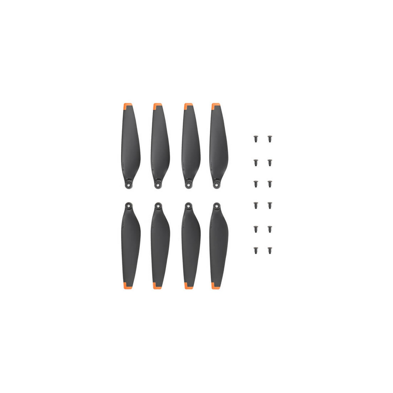 Set van acht zwarte drone-propellers, met oranje uiteinden. Kleine schroeven op witte achtergrond.