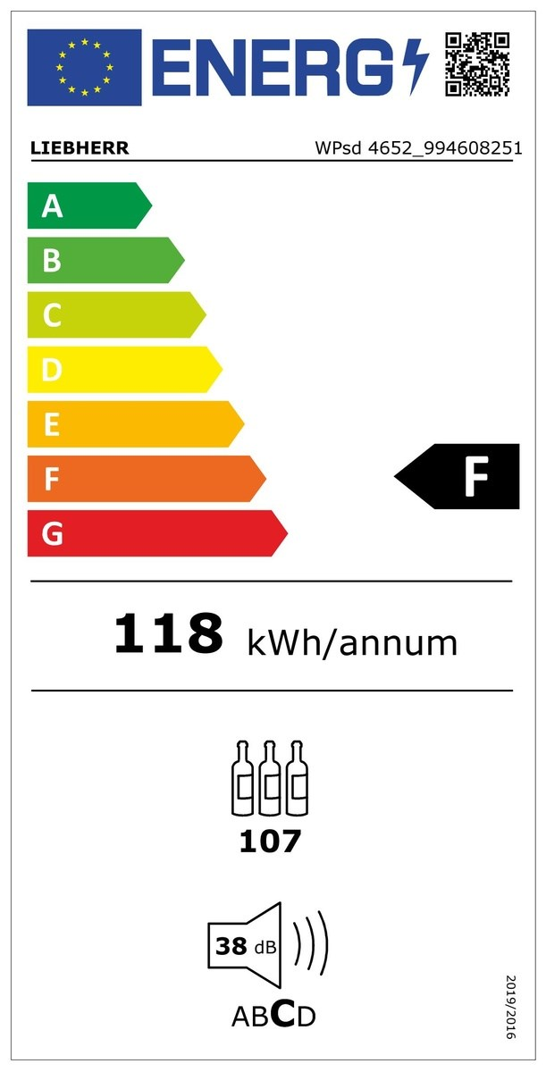 Energia címke, amely egy 'F' besorolást mutat egy hűtőszekrényhez, fekete háttérrel.