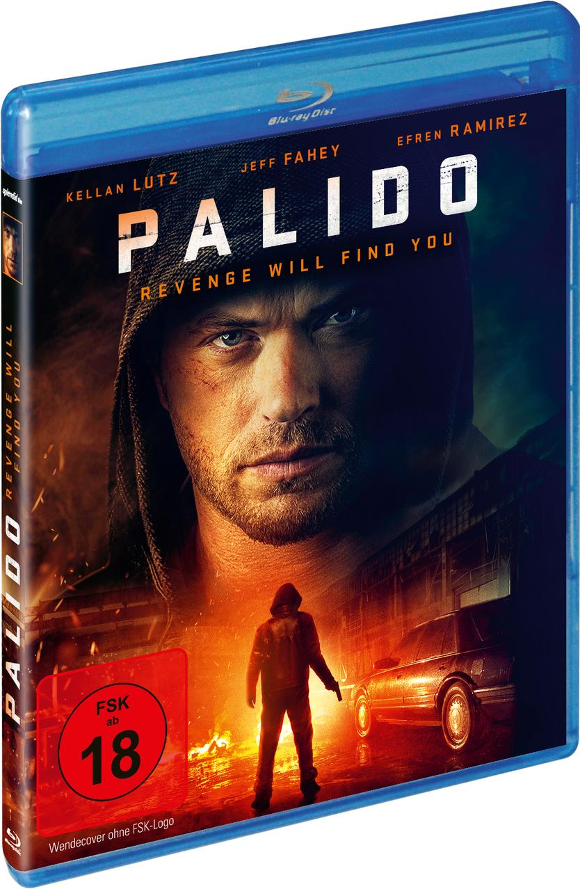 Filmcover, Männergesicht, Titel 'Palido', Kapuzenfigur, Auto, Feuer und ein roter '18'-Aufkleber.