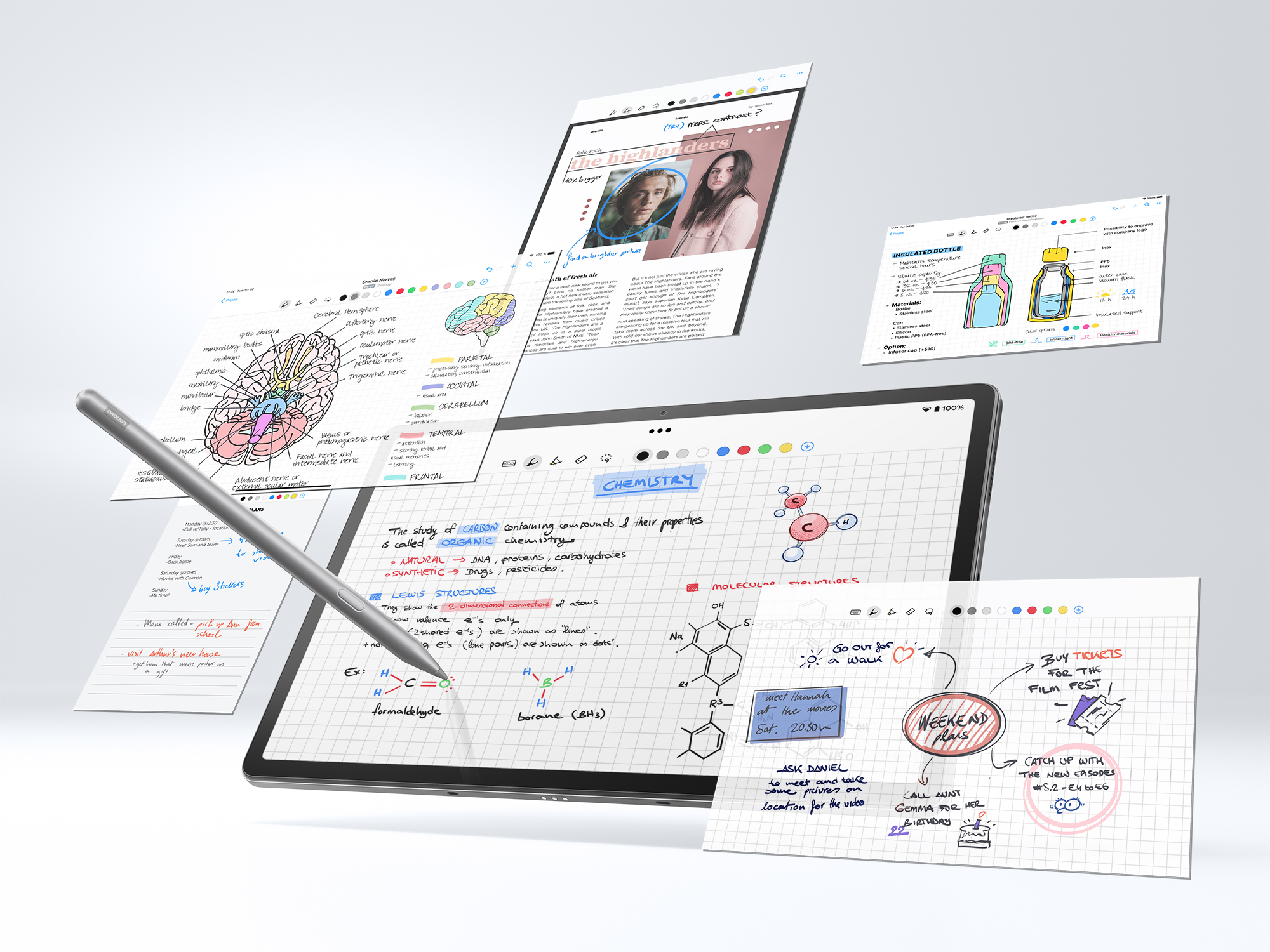 Una tableta con páginas flotantes de notas, diagramas y bocetos.