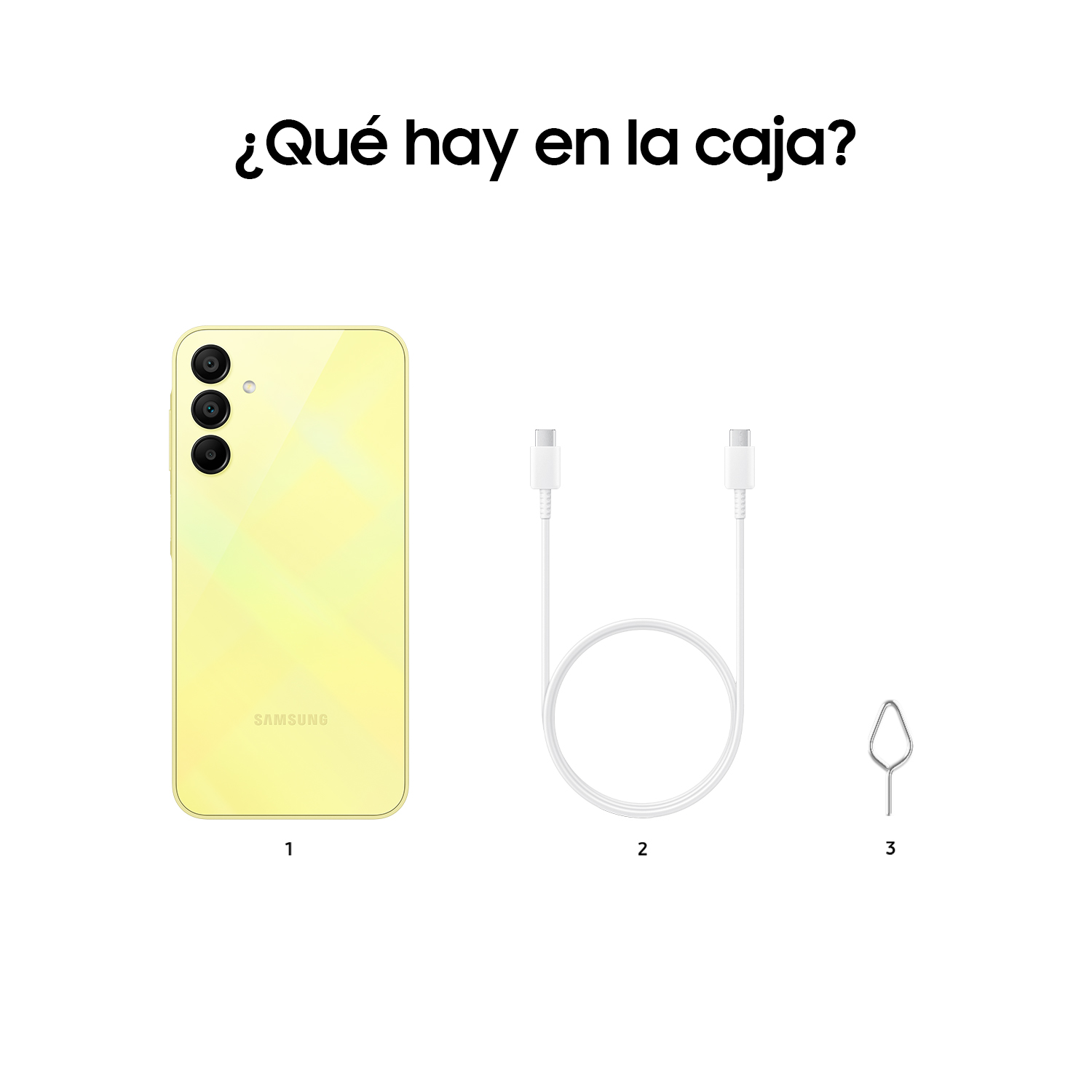Teléfono amarillo, cable USB, cargador y eyector de SIM. Fondo blanco, texto en español.