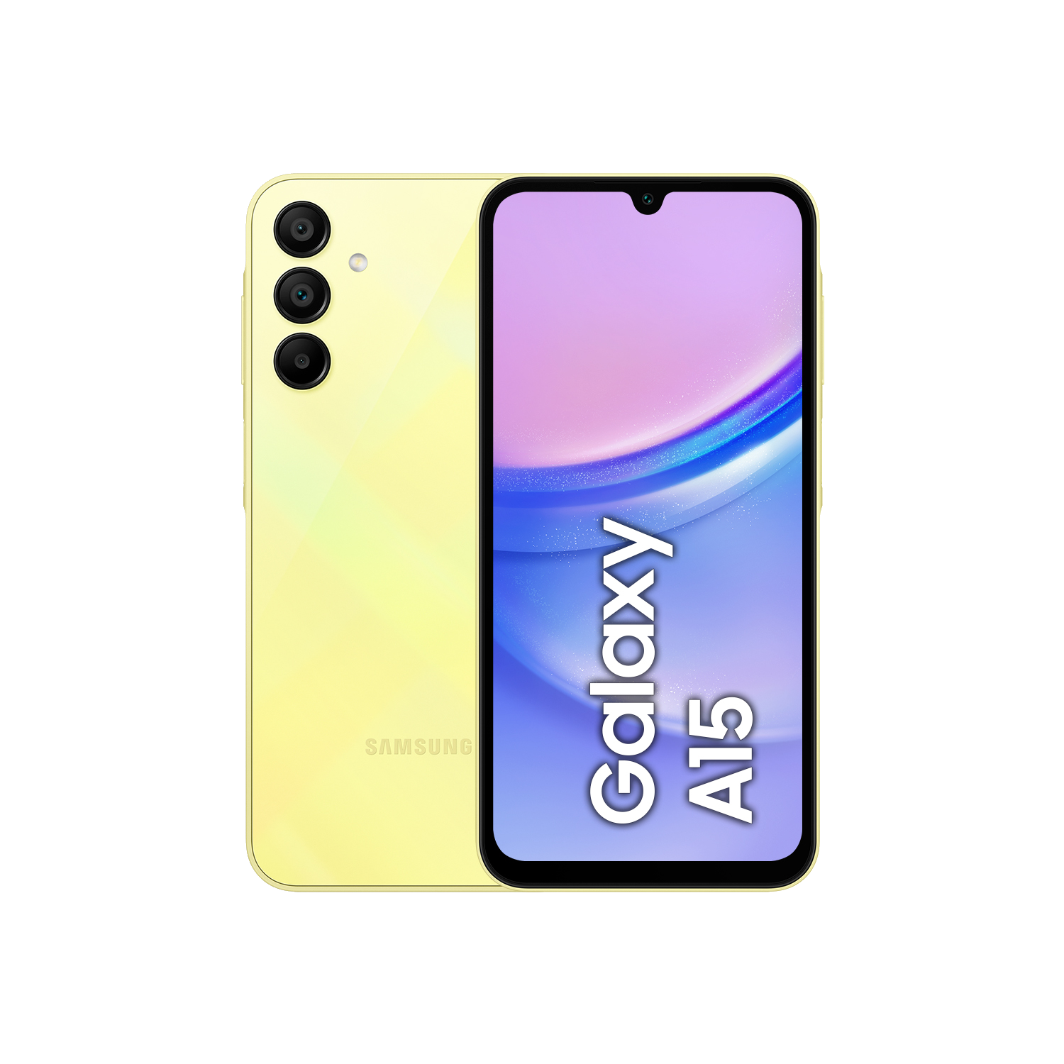 Teléfono amarillo Samsung Galaxy A15 con pantalla morada, tres cámaras en la parte trasera.