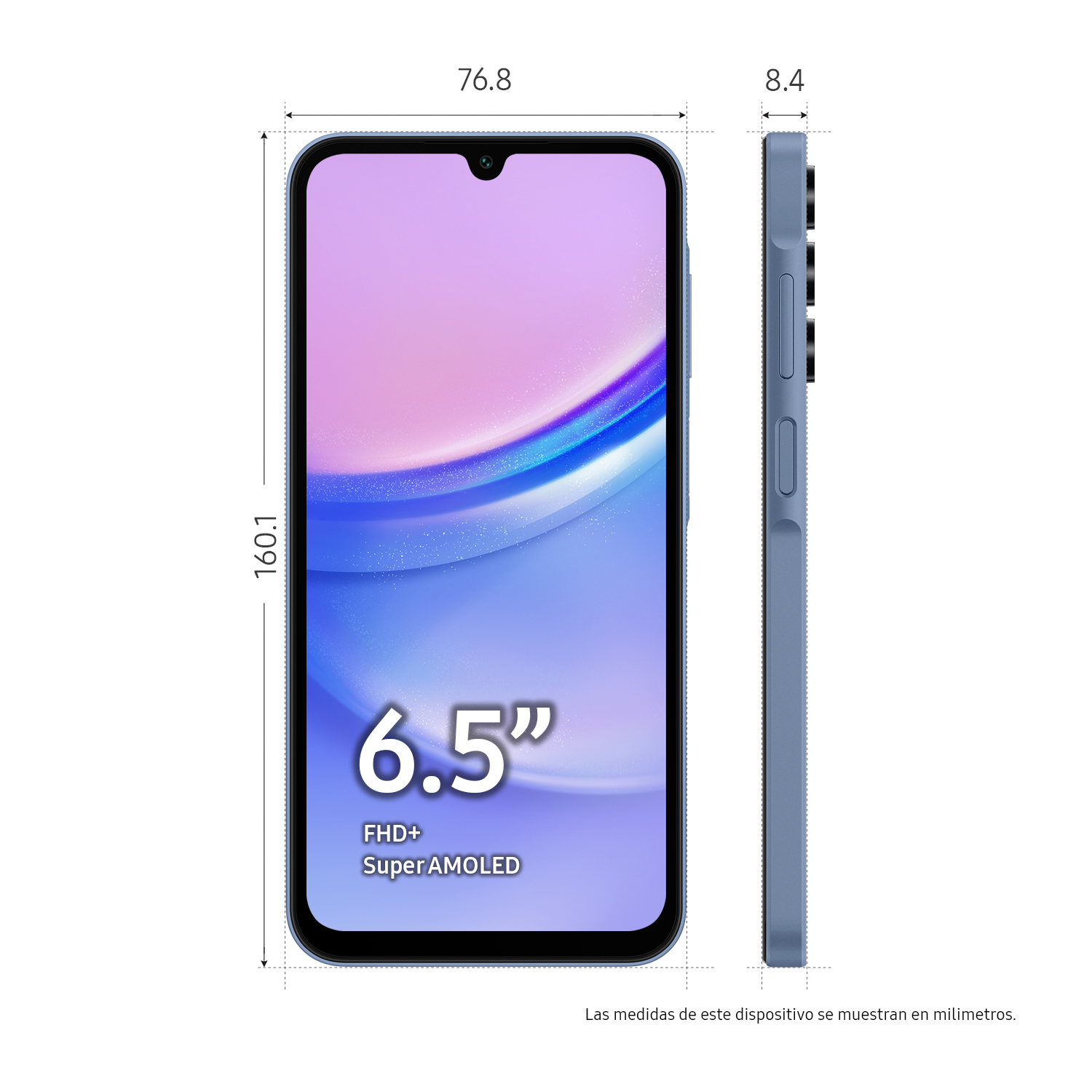 Teléfono inteligente azul con dimensiones y detalles.