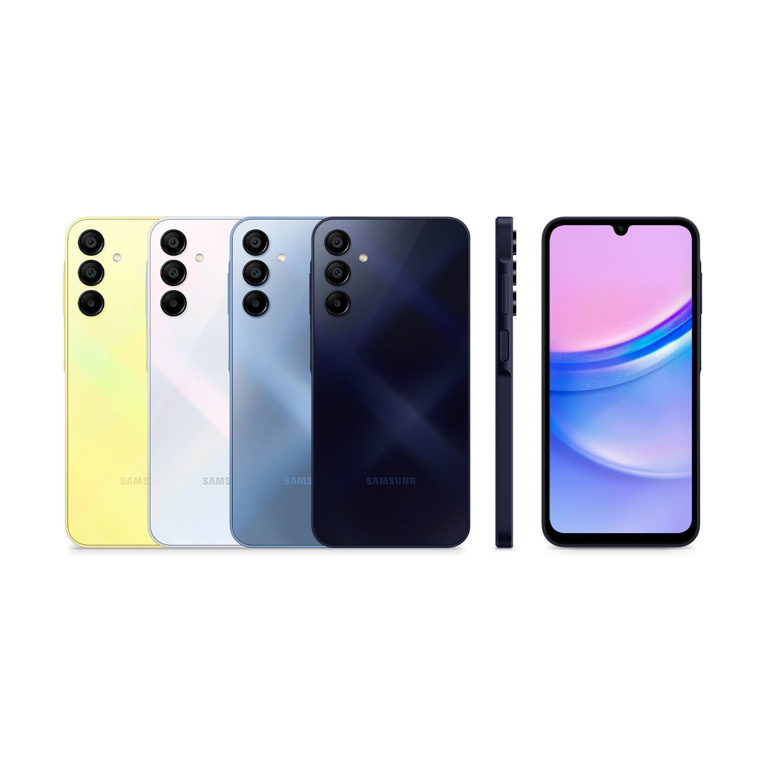 Cuatro teléfonos Samsung en amarillo, blanco, azul y negro, más una vista lateral de un teléfono negro.