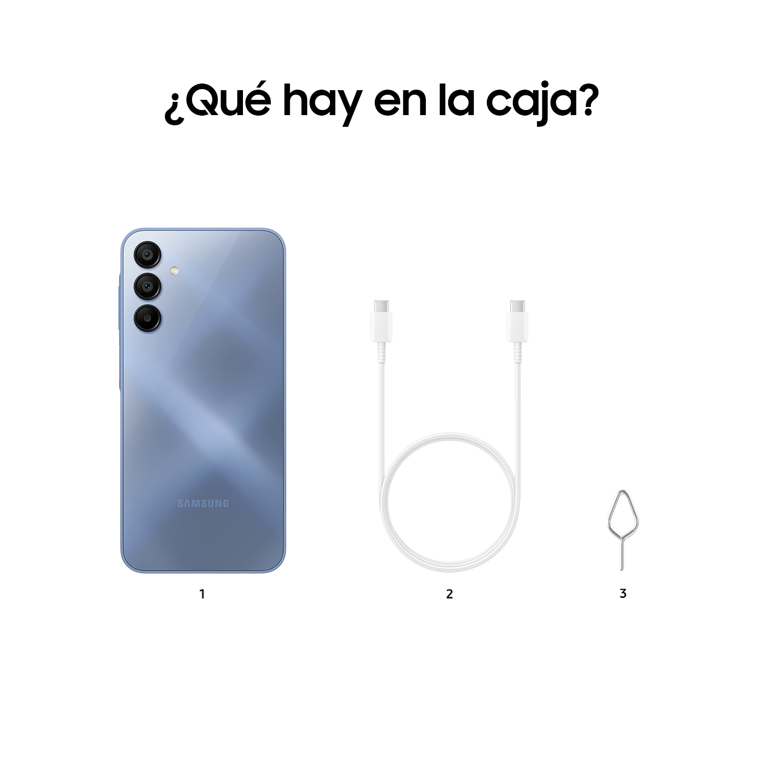 Teléfono Samsung azul, cable de carga blanco, herramienta SIM, sobre fondo blanco.