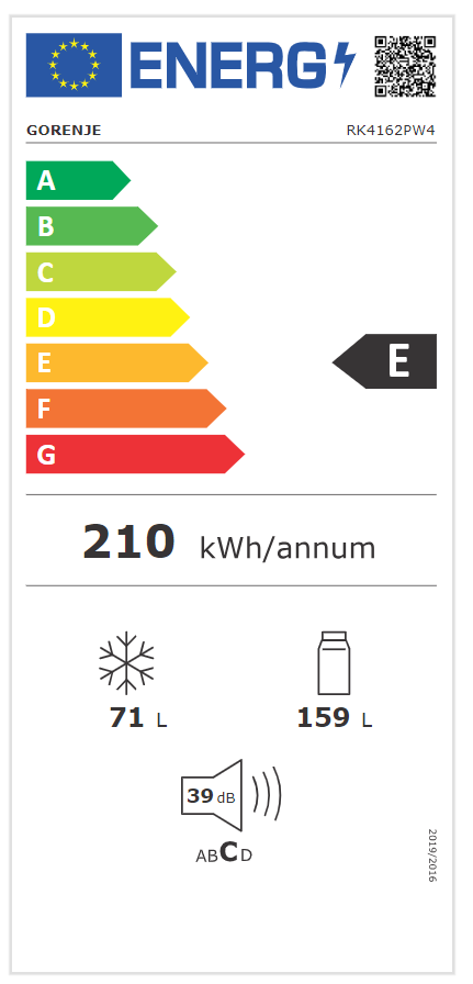 Energia címke. Hűtőszekrény, E besorolás, 210 kWh/év, 71 L, 159 L és 39 dB.