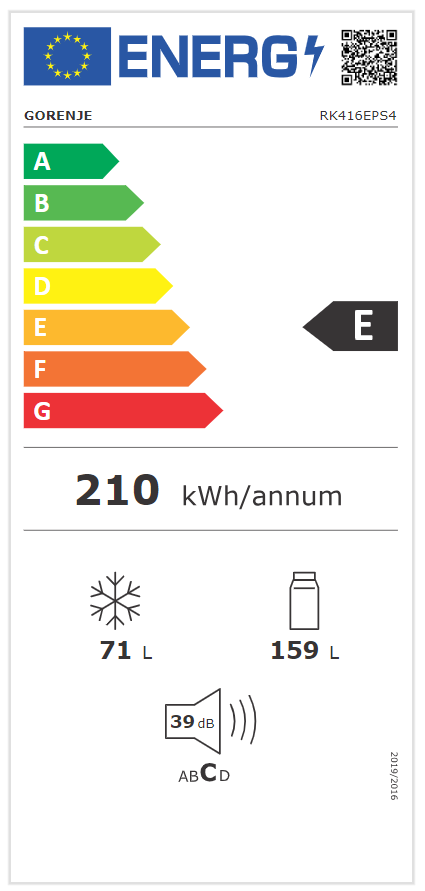 Egy E besorolású energia címke. Megmutatja egy hűtőszekrény energiafogyasztását. Fehér.