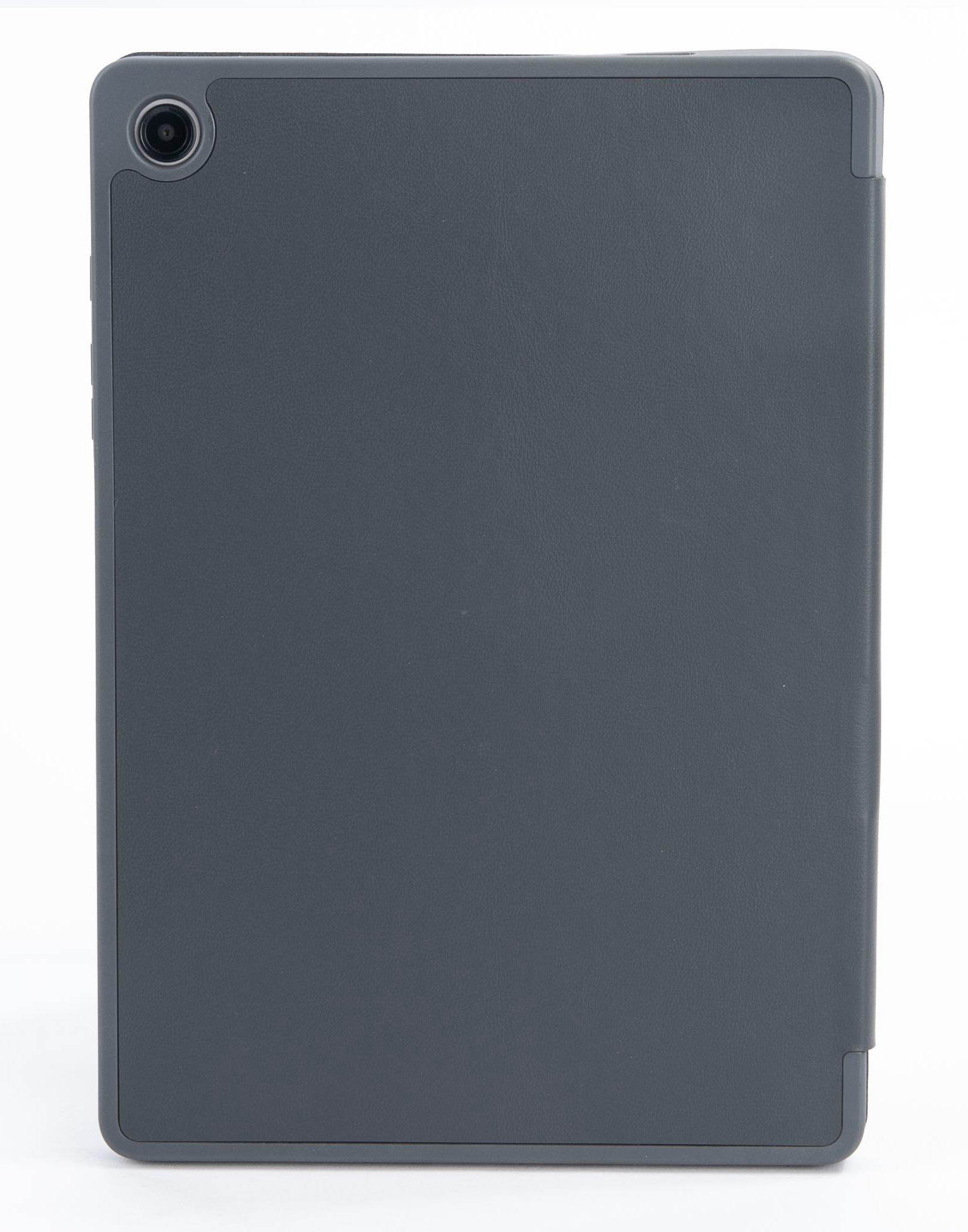 Dunkelgraue Tablet-Rückseite mit einem Kameraobjektiv in der oberen linken Ecke.