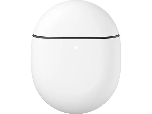Estuche blanco ovalado con una banda negra. Es elegante y minimalista.