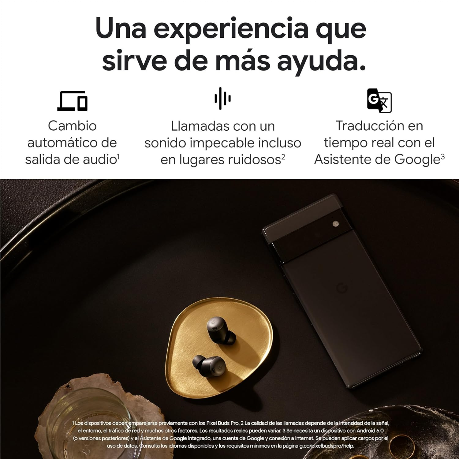 Teléfono, auriculares y texto sobre funciones en una superficie oscura. Esquema de color negro y dorado.