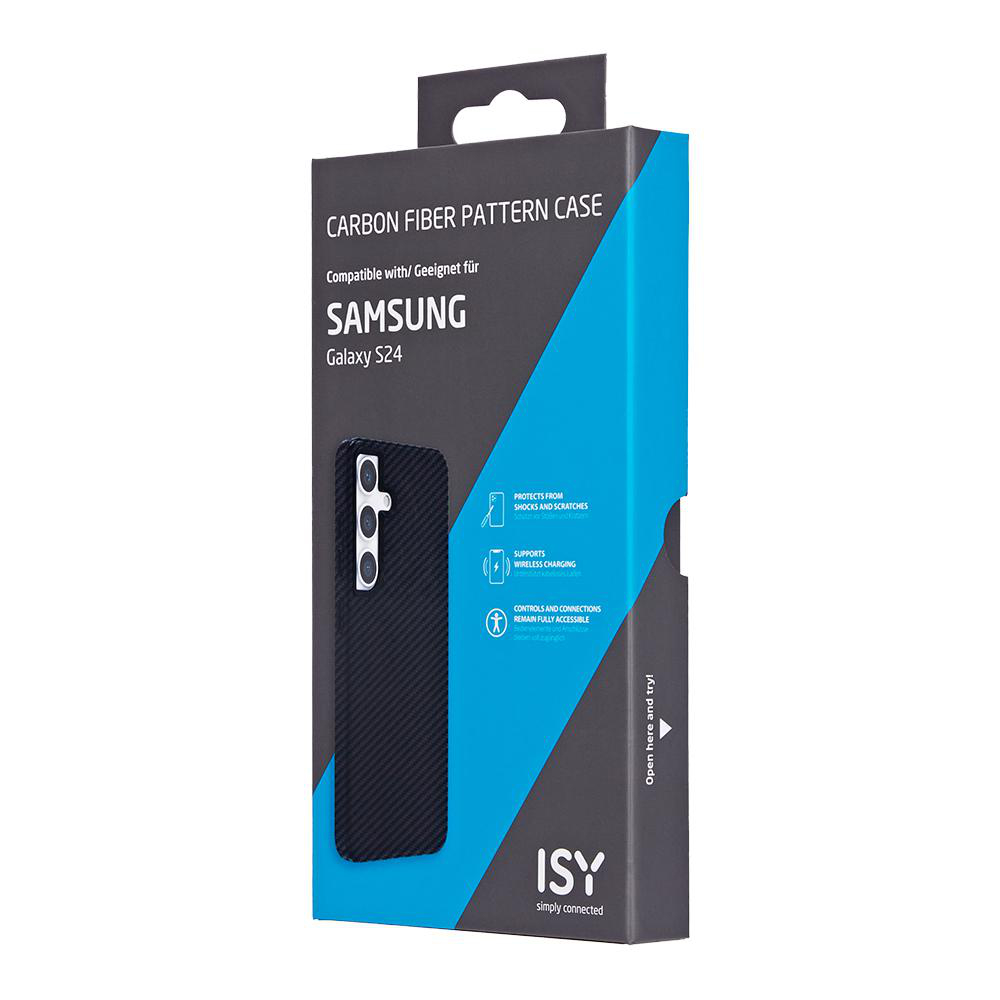 Schwarze und graue Handyhülle für ein Samsung Galaxy S24. Mit Carbonfaser Muster.
