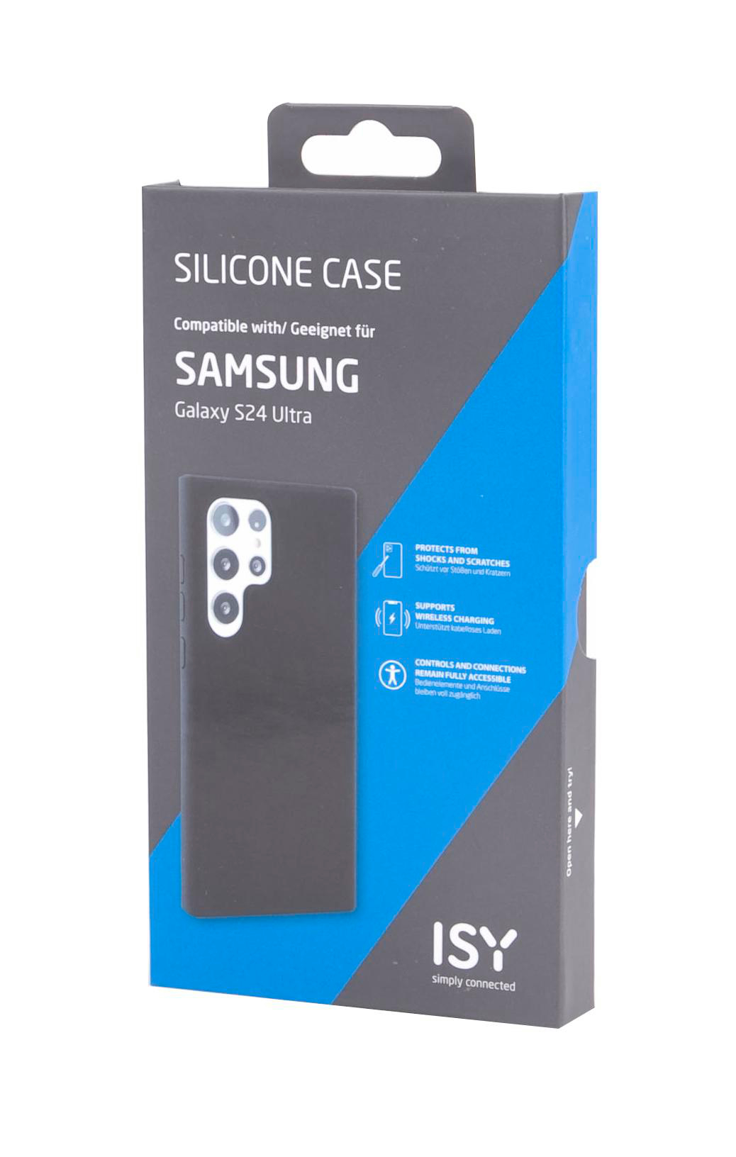 Schwarze Telefonhülle für Samsung S24 Ultra. Hat blaue Akzente und Produktinfo.