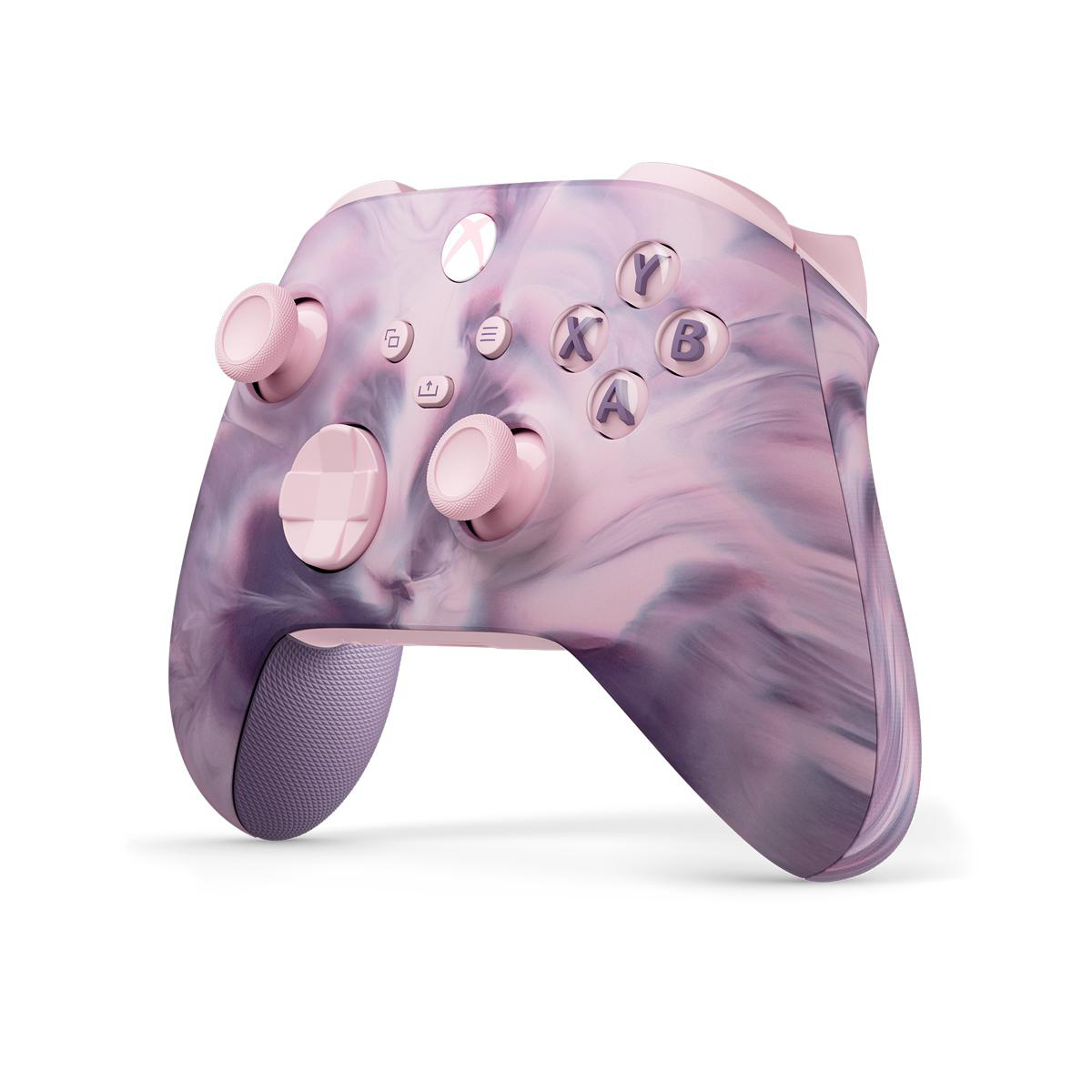 Rosa-violetter Xbox-Controller. Die Tasten sind mit Buchstaben und Symbolen gekennzeichnet.