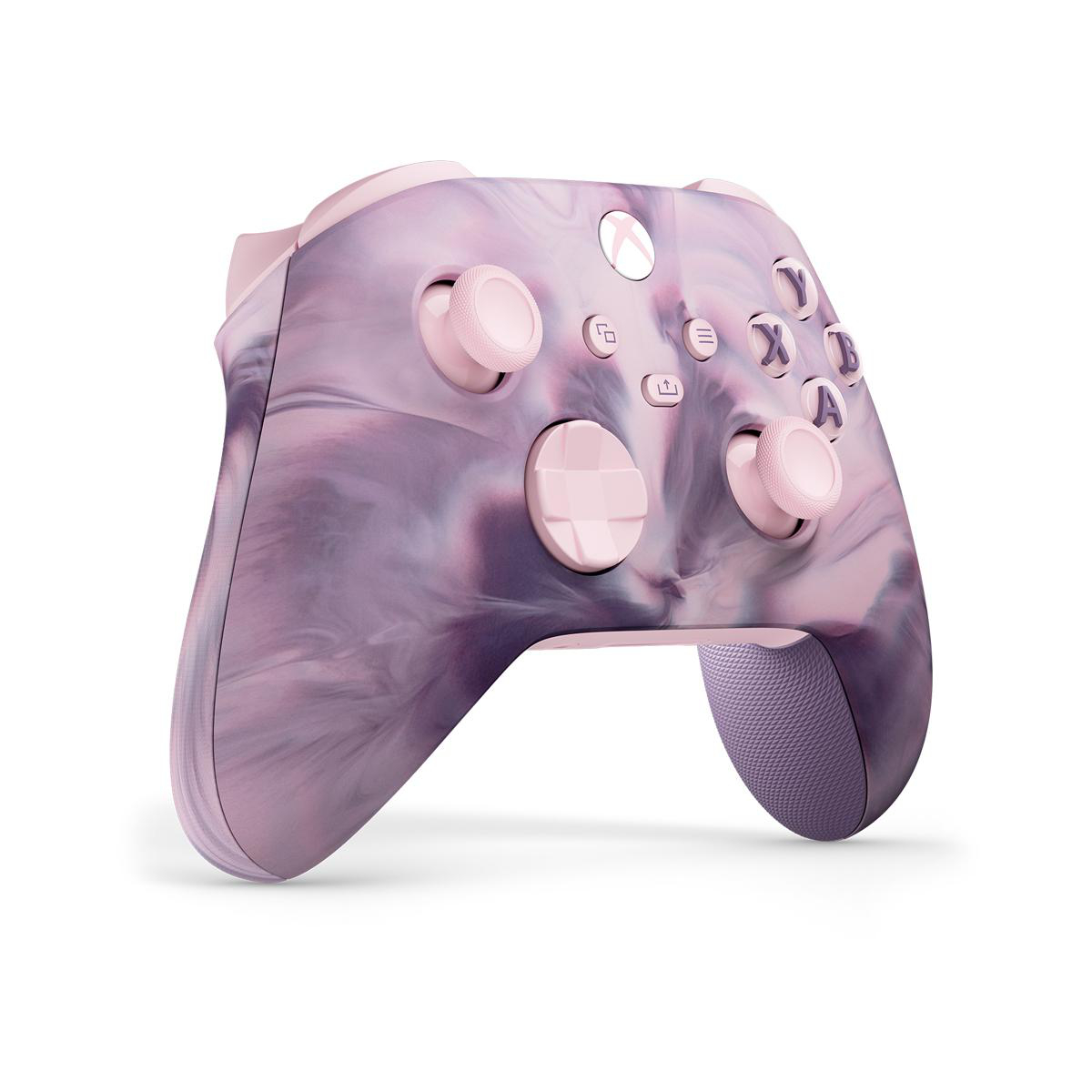 Xbox-Controller mit rosa Marmordesign. Knöpfe, Joysticks und Gehäuse sind rosa und lila.