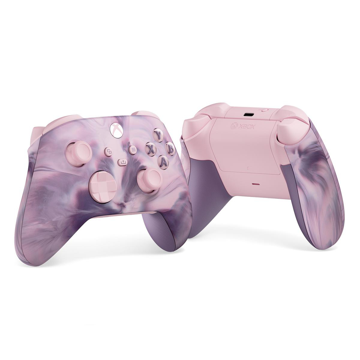 Zwei rosa Xbox-Controller mit Marmordesign.
