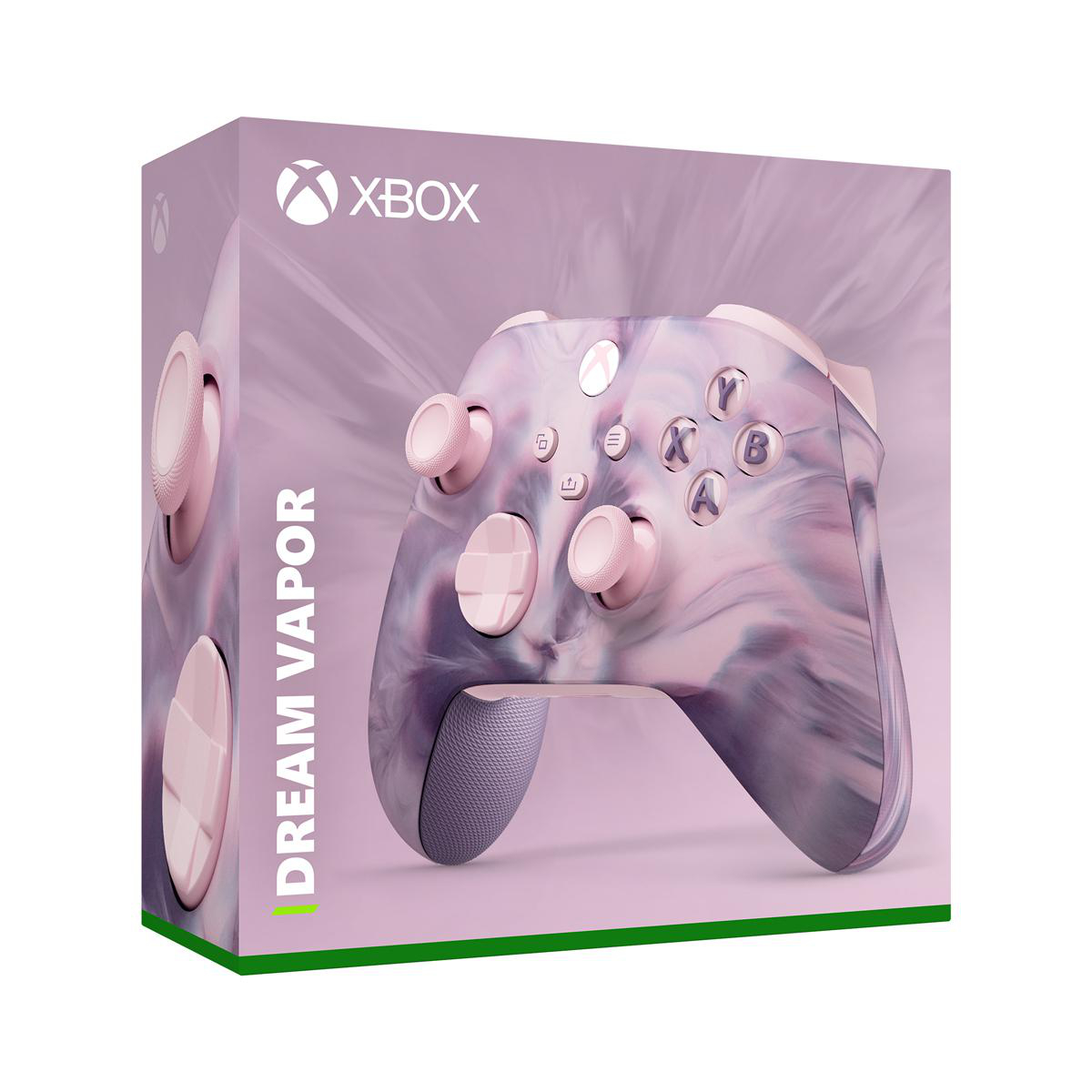 Xbox-Controller in rosa-lila Marmor-Design mit seiner Box.