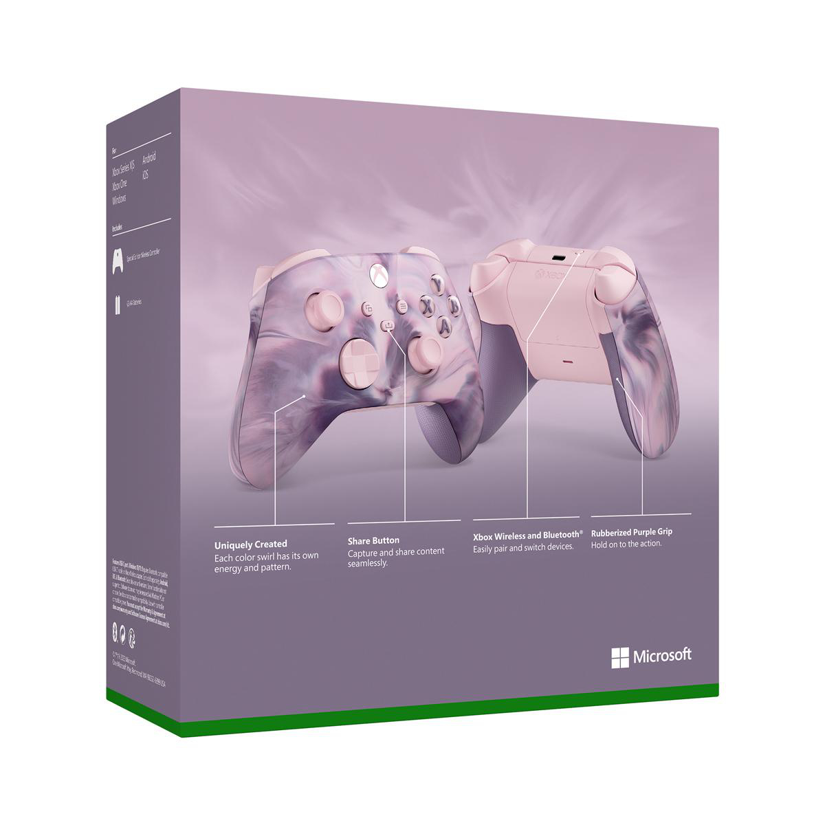 Xbox-Controller und Verpackung. Zwei Controller, einer weiß/lila, der andere weiß/rosa.