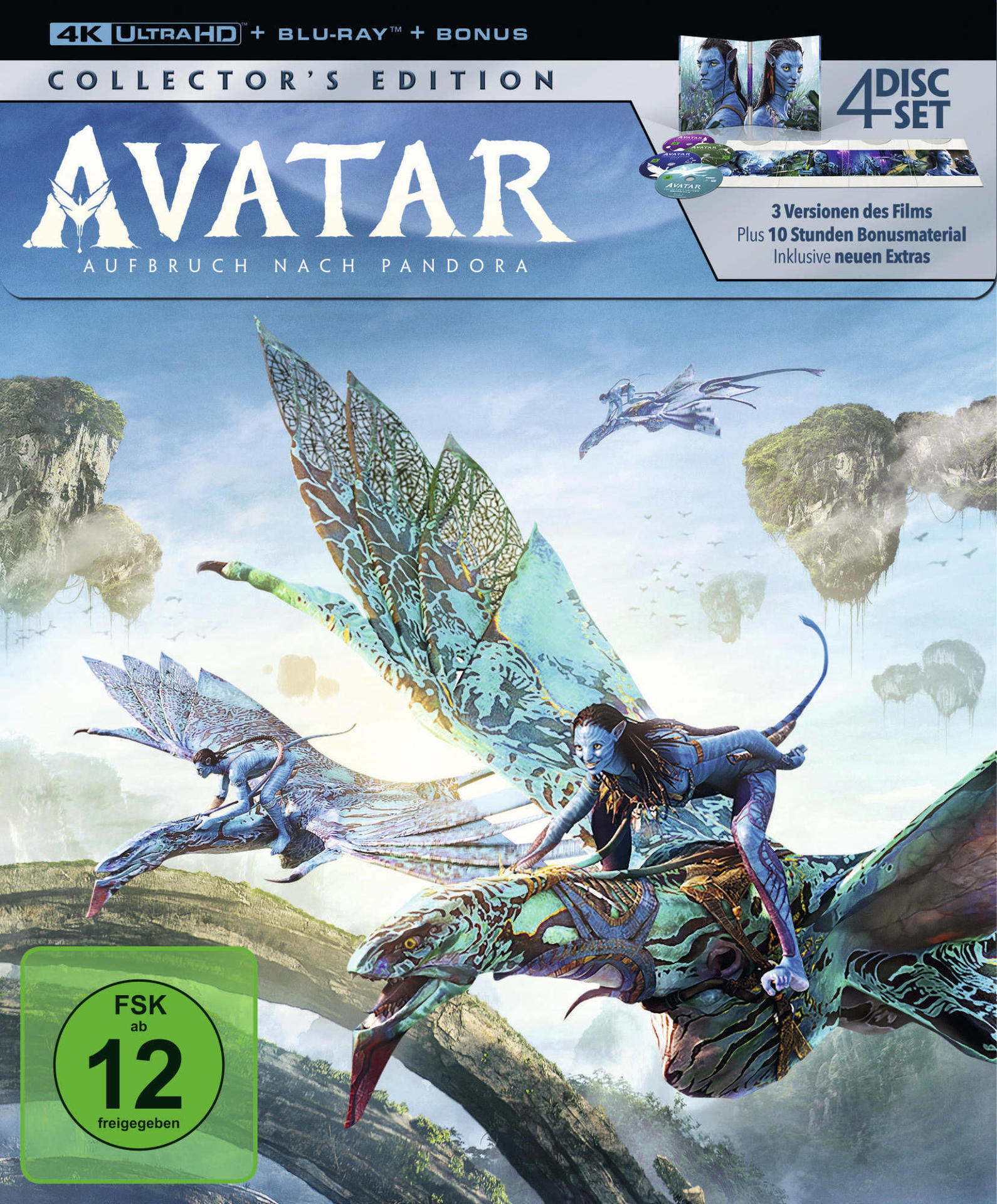 Avatar Blu-ray-Cover. fliegende Kreaturen, Na'vi auf einem drachenartigen Wesen, der Titel und ein Sammleredition-Etikett.