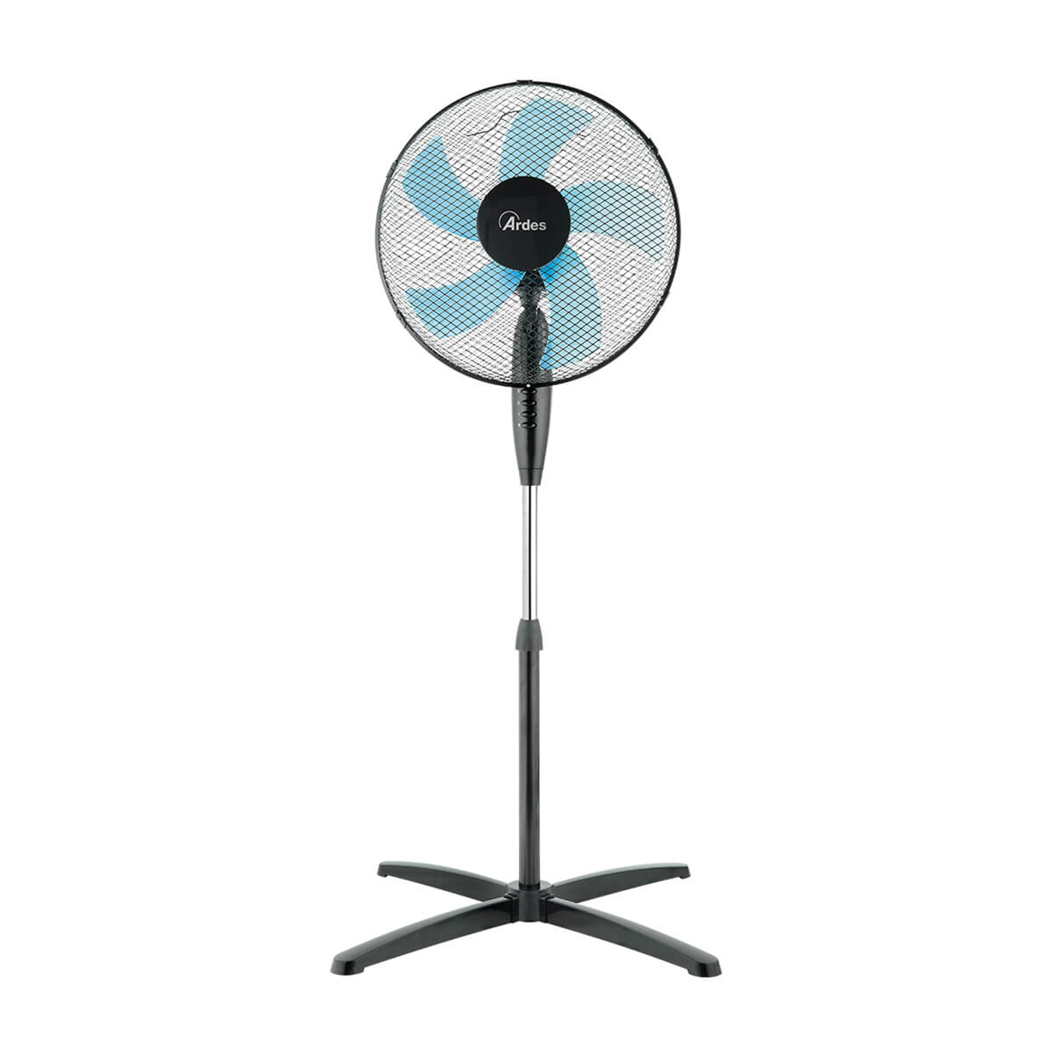 Ventilatore a colonna, base e corpo neri, con pale blu. Sfondo bianco.