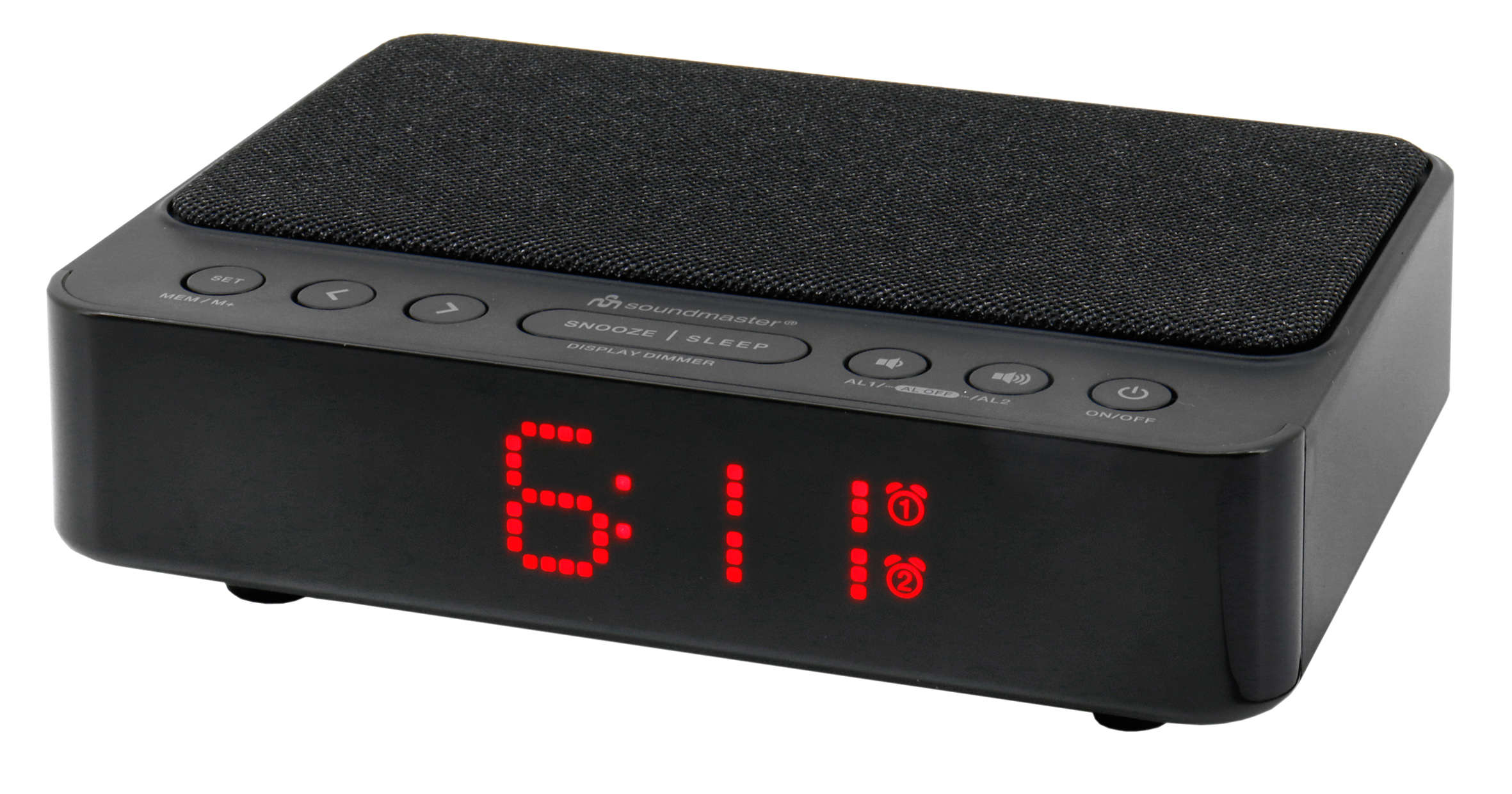 Schwarzer Wecker mit roter Digitalanzeige, die 6:11 und zwei Wecker-Symbole anzeigt.