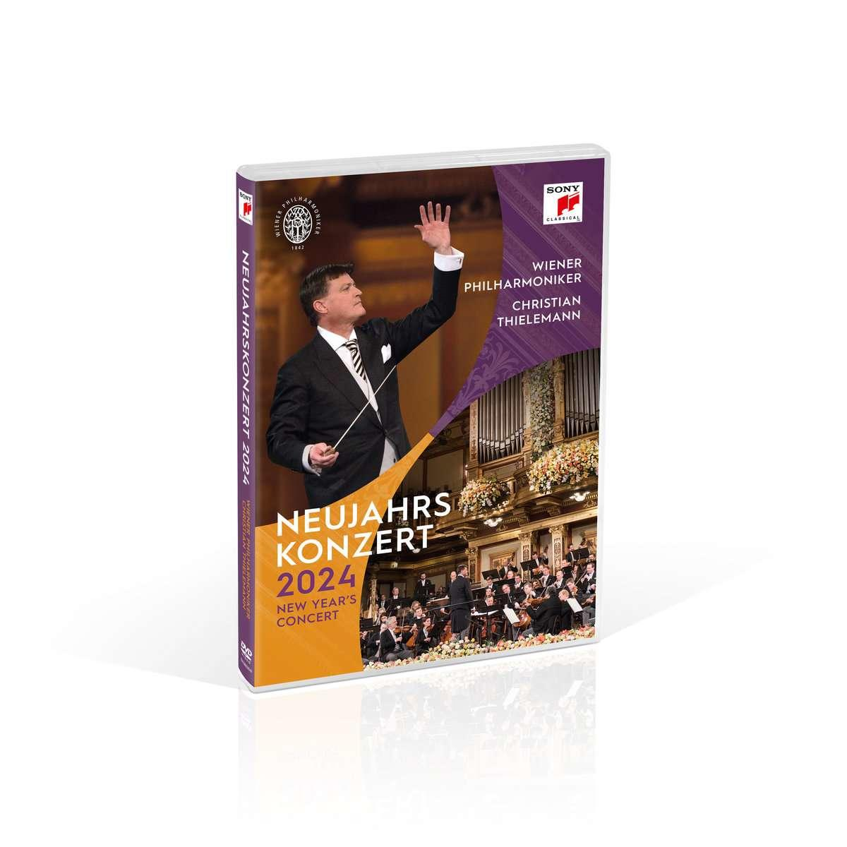 Eine DVD-Hülle eines Konzerts mit Dirigent und Orchester, betitelt 'NEUJAHRS KONZERT 2024'.