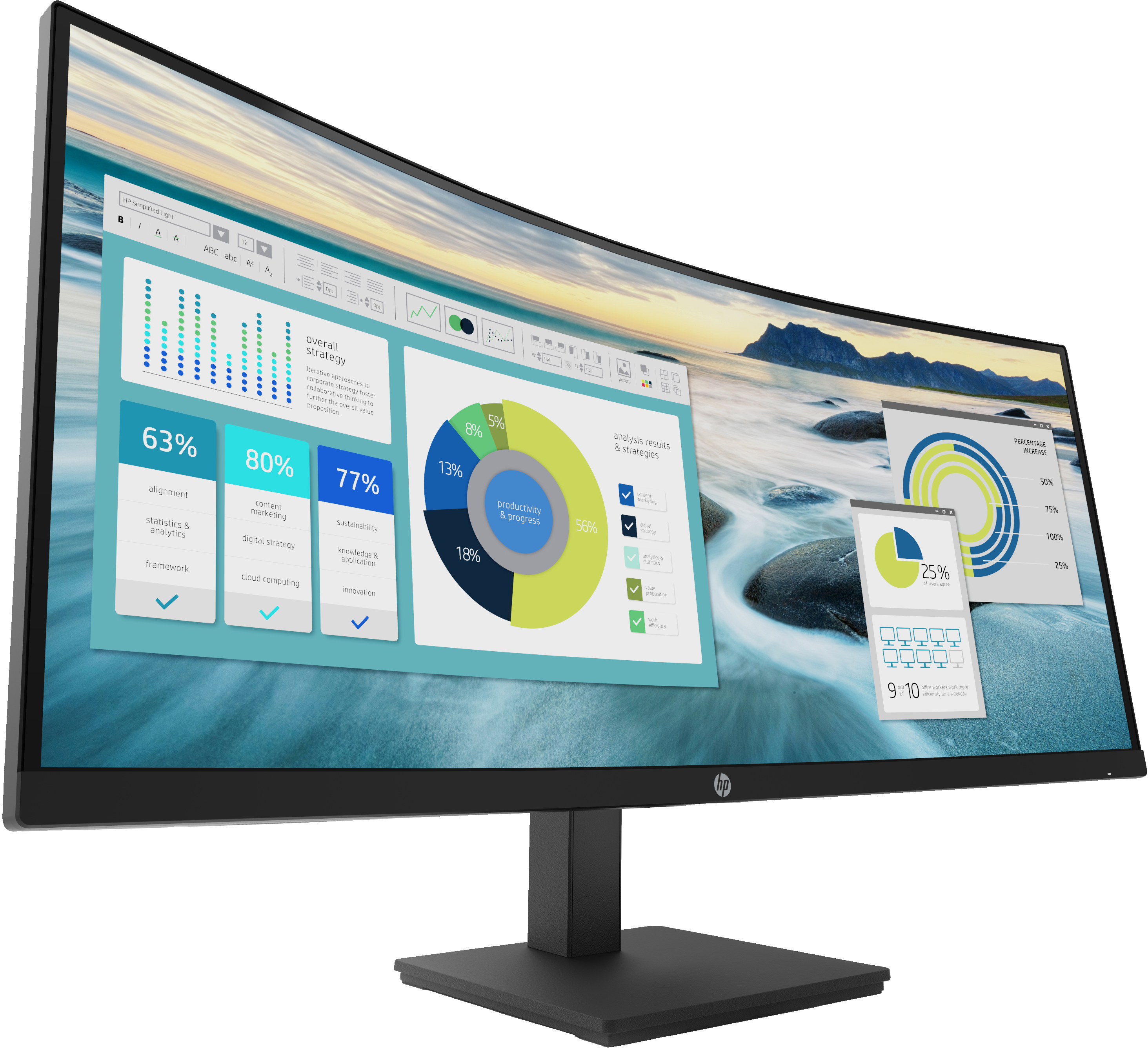Gebogener Computermonitor mit Diagrammen und Grafiken. Hat einen schwarzen Ständer und blauen Himmel.