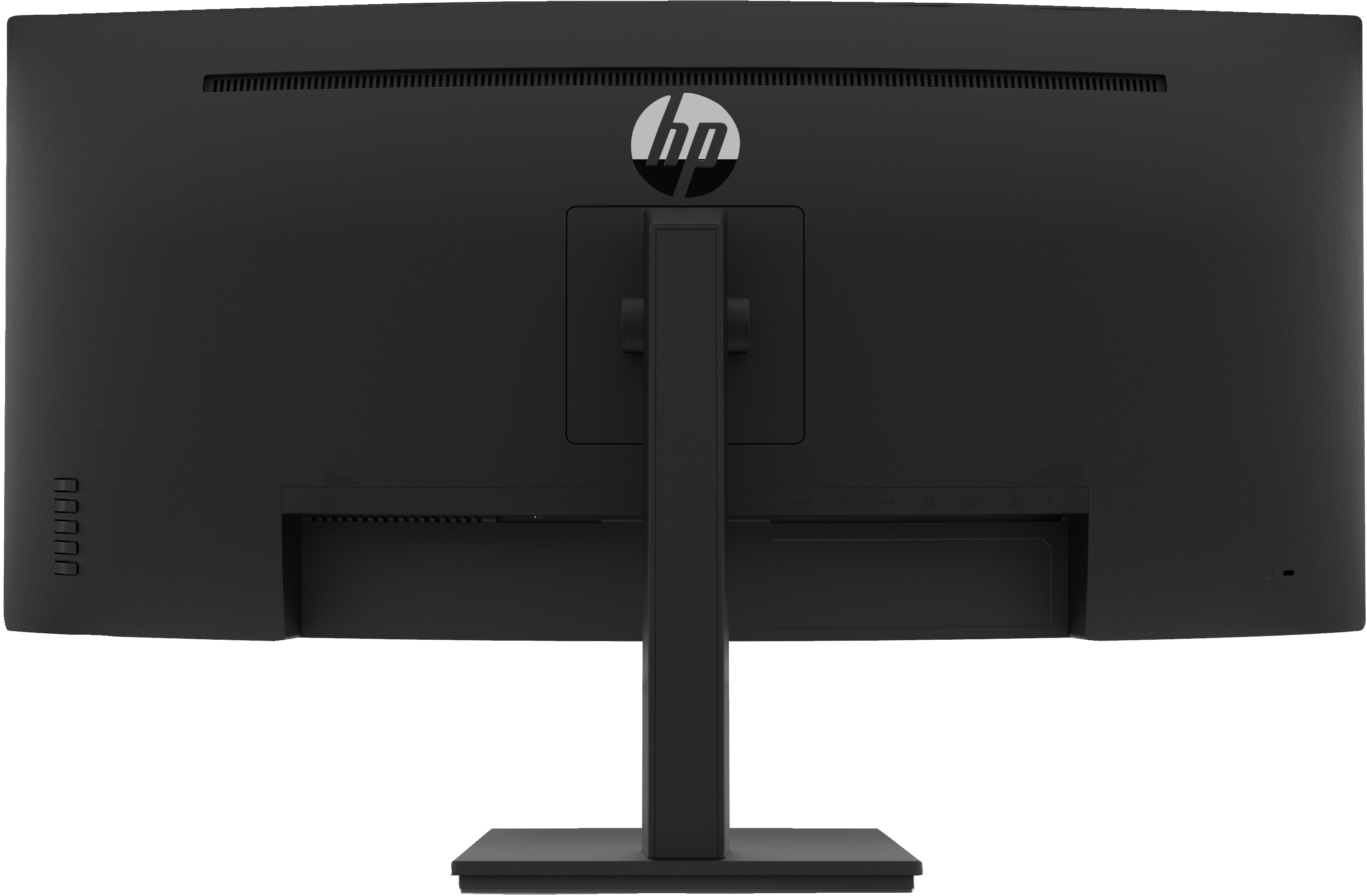 Rückseite des schwarzen Computermonitors, mit Ständer und HP-Logo.