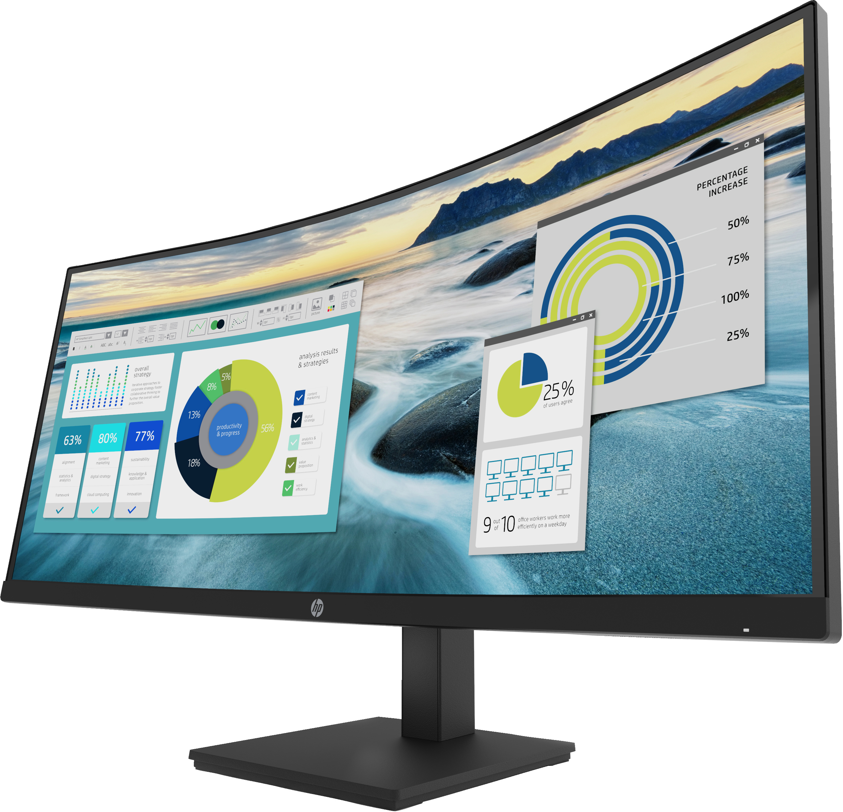 Ein gewölbter Monitor, der Diagramme auf einem Schreibtisch vor Strandhintergrund zeigt.
