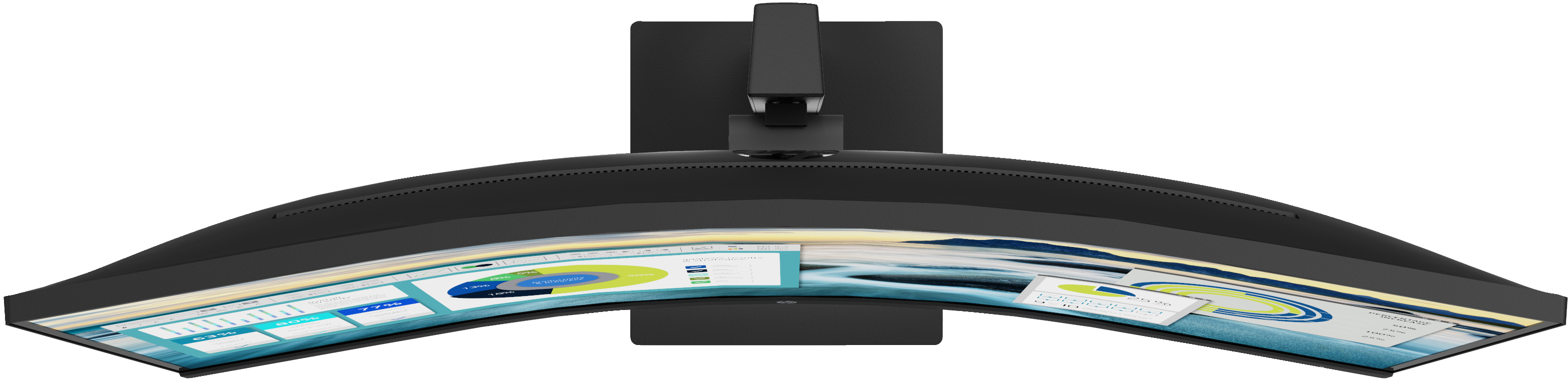 Gebogener Computermonitor, Diagramme und Grafiken. Schwarzer Rahmen.
