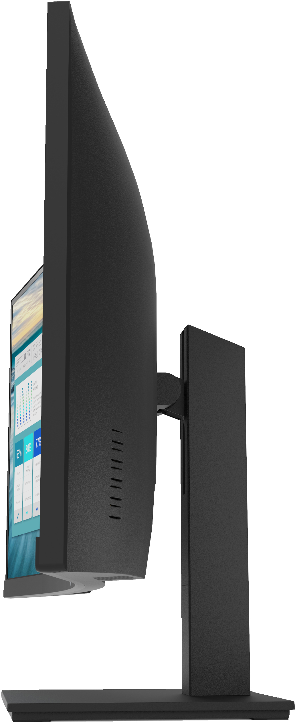 Ein schwarzer Computermonitor von der Seite, mit einem Ständer.