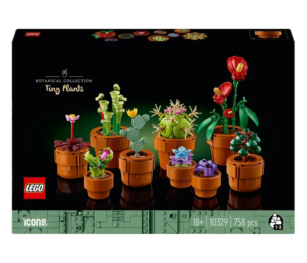 Zestaw Lego z małymi roślinami w doniczkach. Zawiera różne kaktusy i kwiaty. Czarne tło.