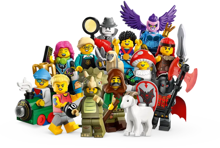 Grupa minifigurek Lego, każda w innym kostiumie i z inną mimiką, na białym tle.