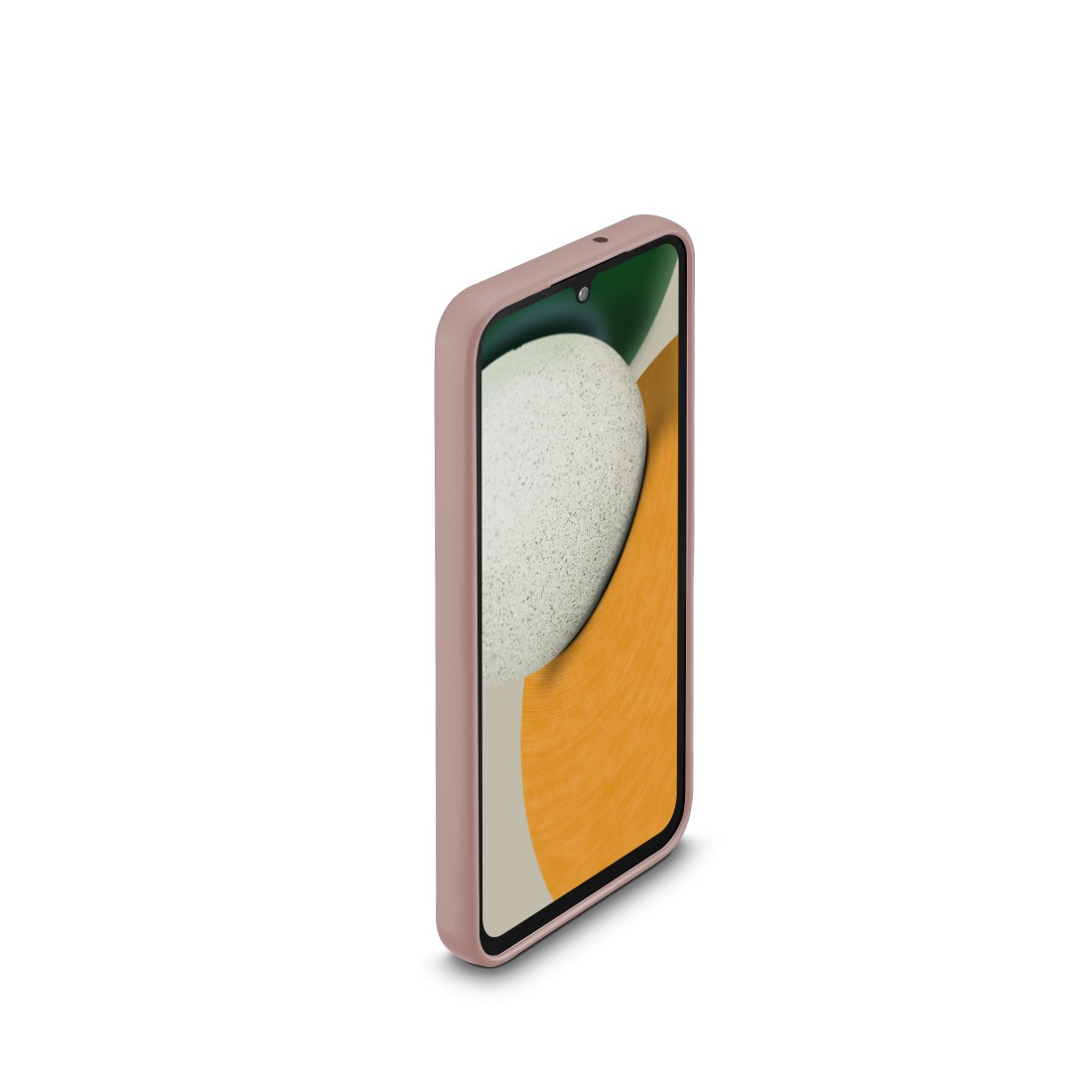 Eine rosa Handyhülle mit einem Telefon, das einen gebogenen Bildschirm mit farbenfrohem Hintergrund zeigt.