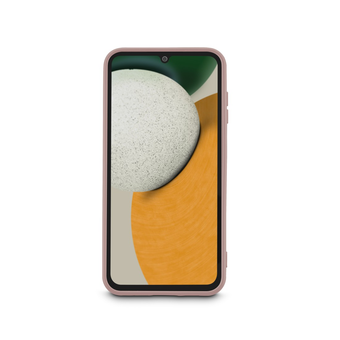 Ein rosa Smartphone mit einem hellen Bildschirm, der ein Design zeigt, vor weißem Hintergrund.