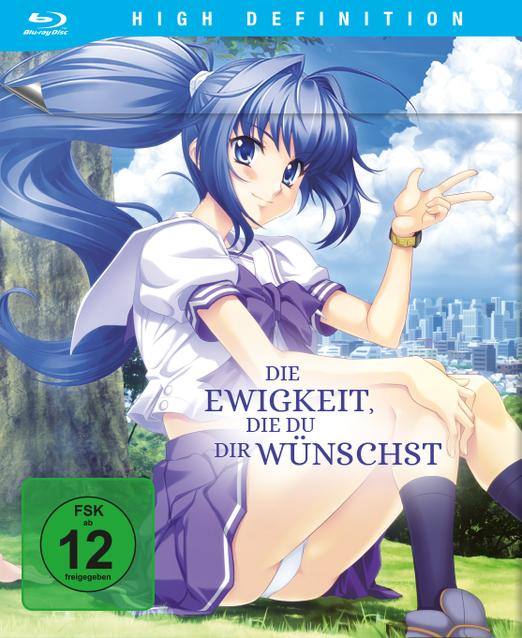 Anime-Blu-ray-Cover. Ein Mädchen mit blauen Haaren und Schuluniform posiert mit Baumhintergrund.