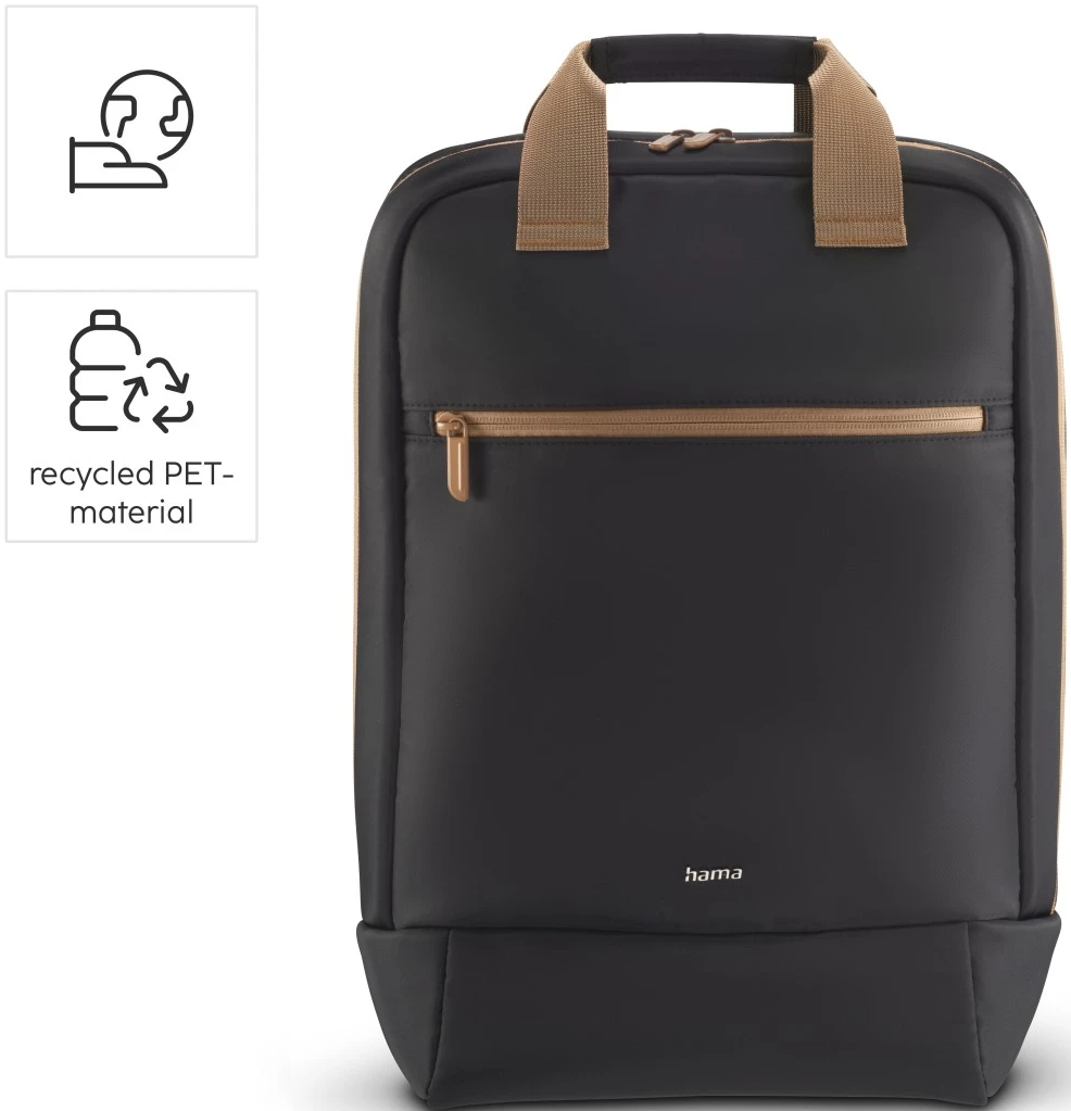 Schwarzer Rucksack mit braunem Oberteil und Riemen. Er hat eine kleine Vordertasche und zwei Icons.