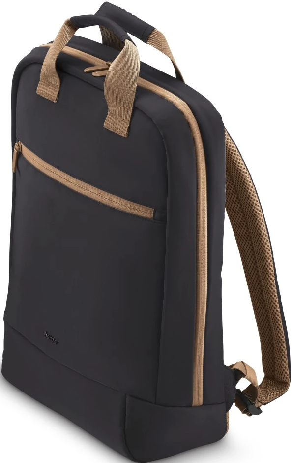 Schwarzer Rucksack mit beigen Akzenten, Vordertasche, oberer Griff, Seitenansicht.