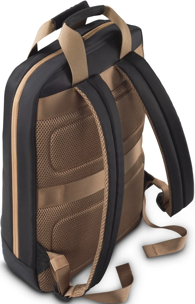 Schwarzer und beigefarbener Rucksack von hinten. Mesh-Polsterung an den Gurten und am Rückenteil.