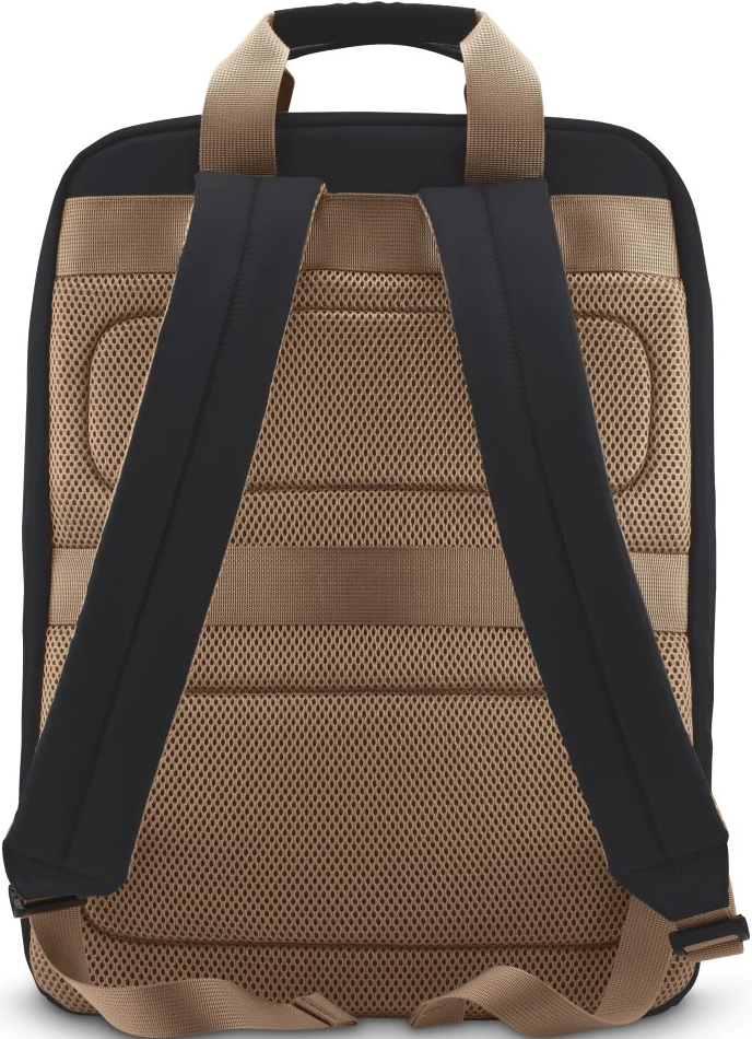 Rückansicht eines schwarzen Rucksacks mit braunen Trägern und einem Mesh-Rückenteil.