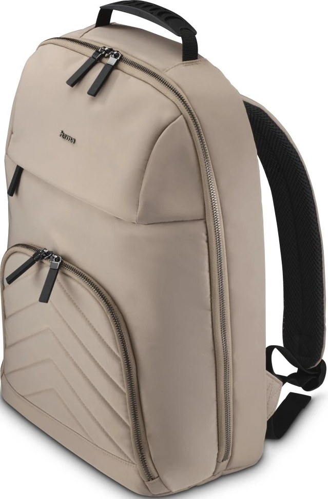 Beiger Hama-Rucksack mit mehreren Taschen, schwarzen Reißverschlüssen und Gurten.