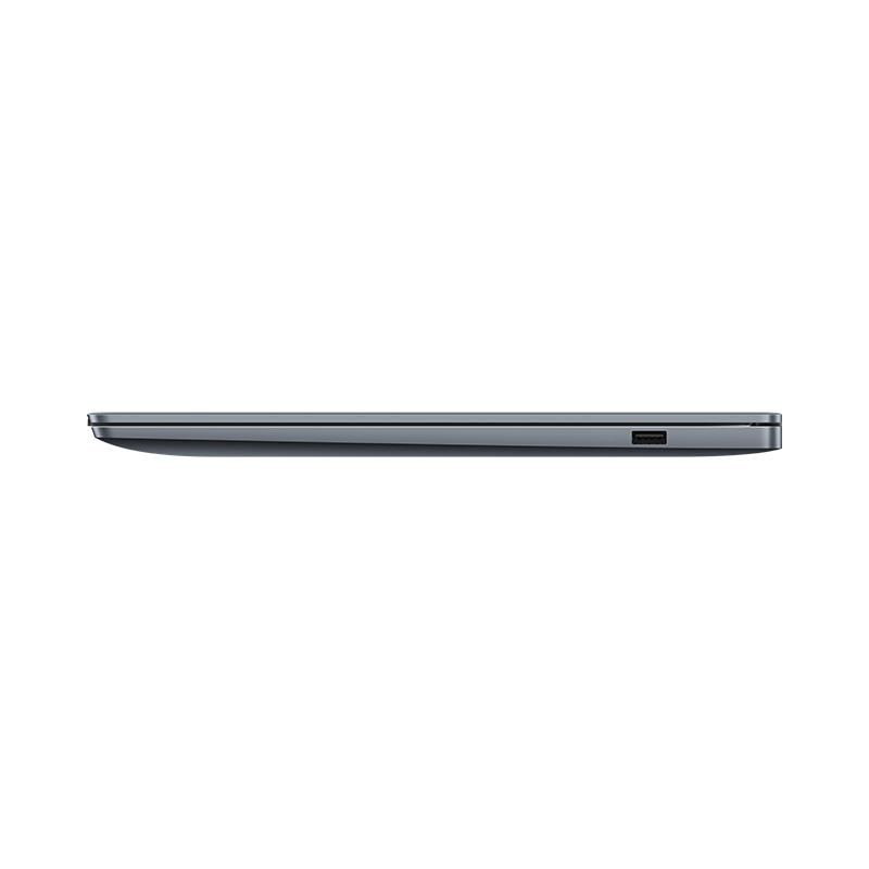 Seitenansicht eines Laptops. Graue Farbe, mit USB-Anschluss an der Seite. Weißer Hintergrund.