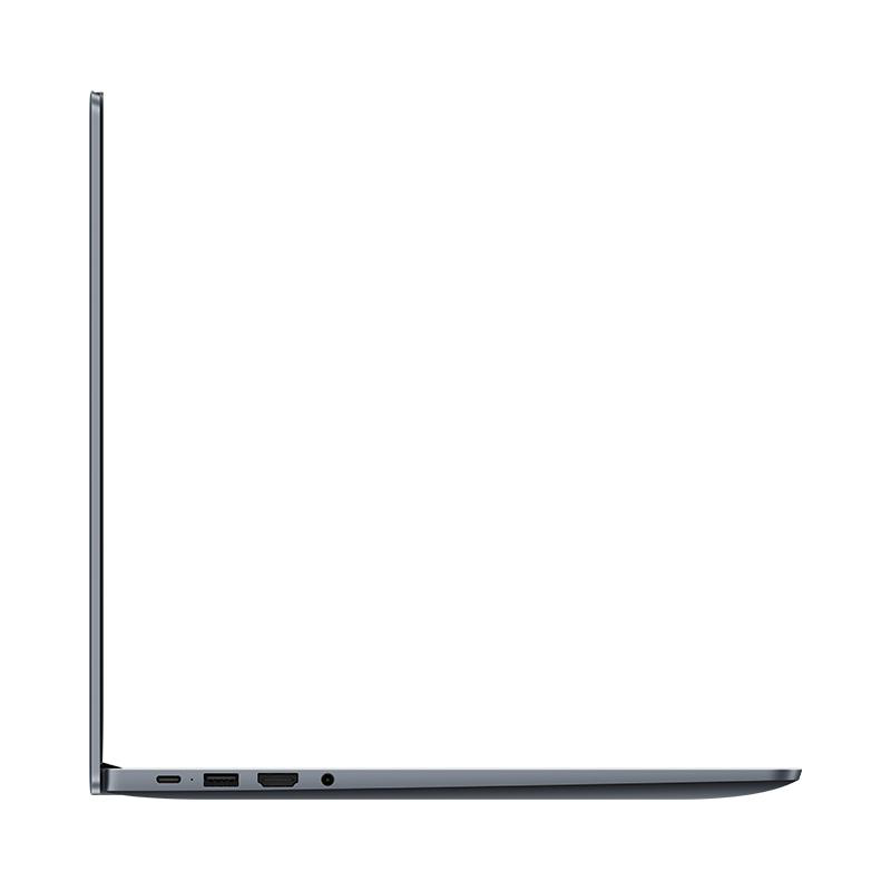 Seitenansicht eines blau-grauen Laptops, geöffnet, vor weißem Hintergrund.