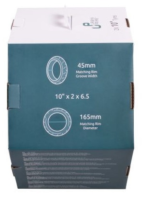 Pudełko z tekstem i diagramami. Jest dla opon 10" x 2", pokazujących szerokość i średnicę felgi.