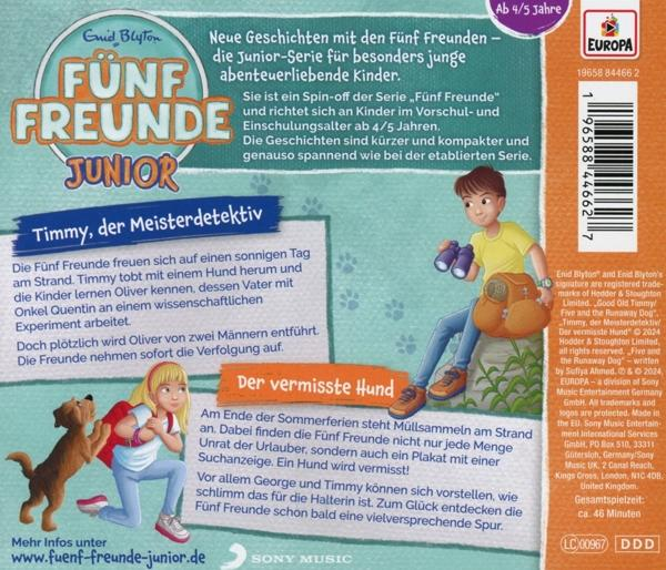 Rückseite eines Kinderbuchs, mit Illustration eines Jungen und eines Hundes.
