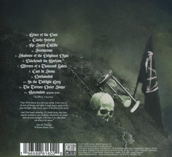 Eine CD-Rückseite mit Songtiteln, einem Schädel, einer Sanduhr und einer Fahne. Dunkler Hintergrund.