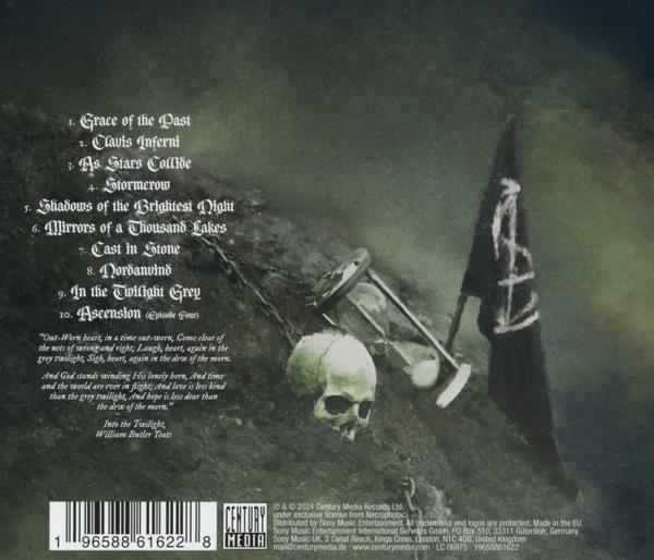 CD-Cover mit Totenkopf, Sanduhr und Texten einer Band.