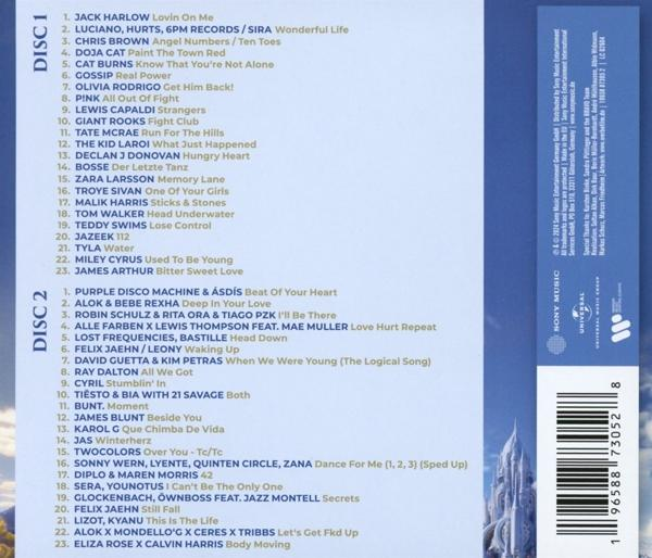 CD-Rückseite mit Titelliste und Details, mit verschiedenen Künstlern und einem Logo.